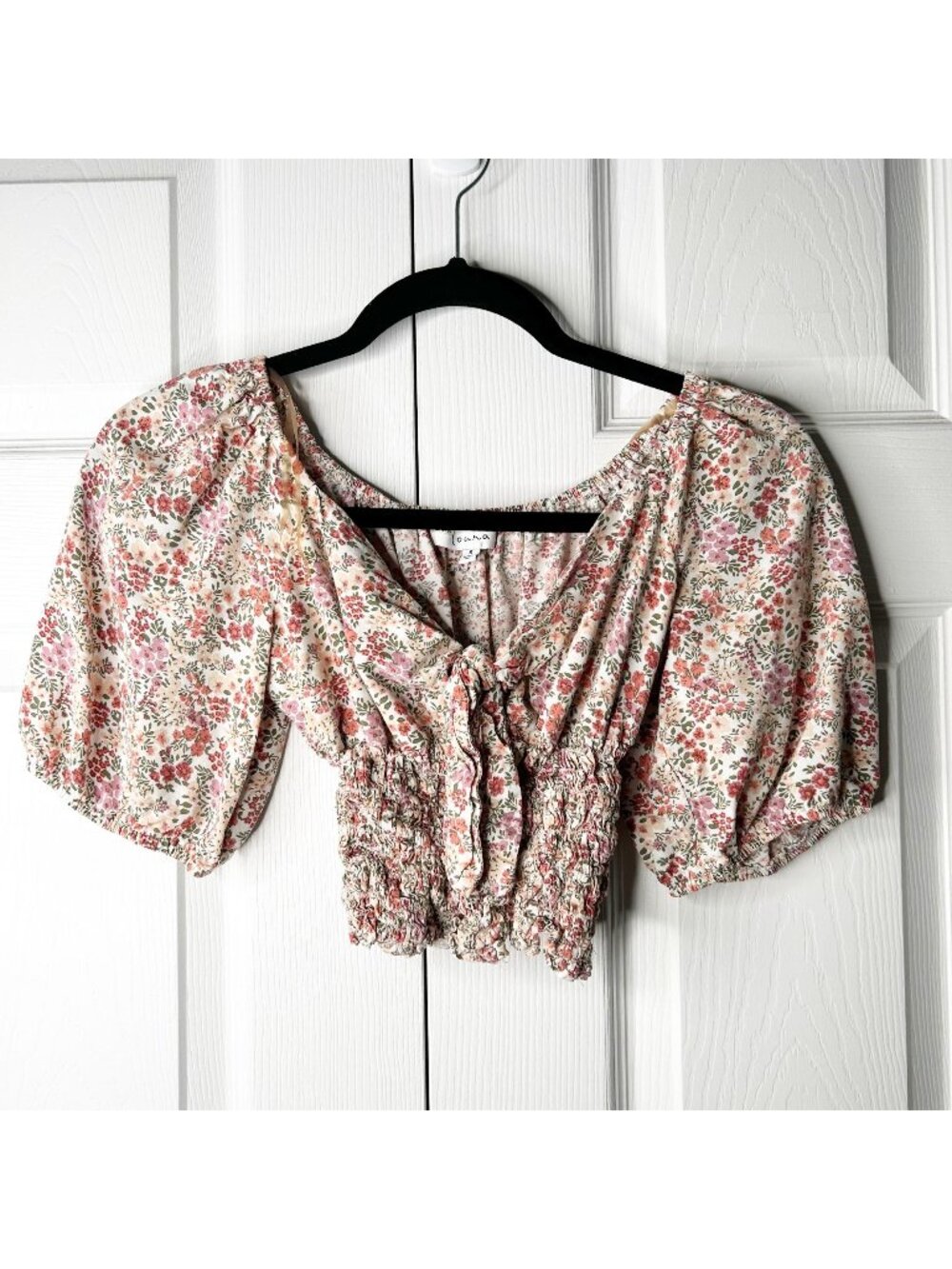 Louna Pink Floral Puff Sleeve Tie Front Smocked Crop Top Women's Size Small S